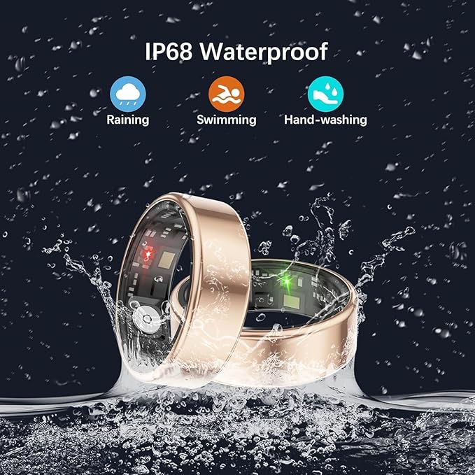 Smart Health Rings for Women Men, Fitness Tracker with Heart Rate, Blood Oxygen, HRV, Sleep Tracker, Step Tracker, No Subscription Fee, IP68 Waterproof Smart Ring for iphone & Android (Gold, 9#)