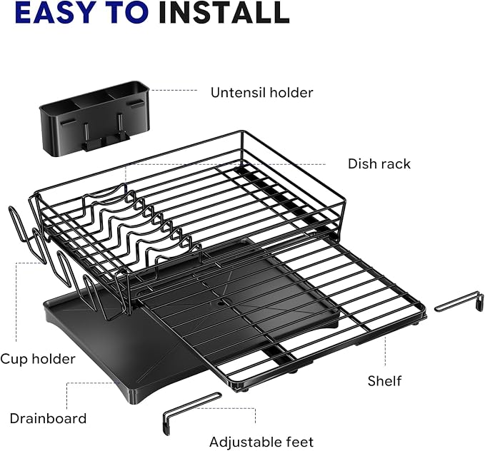 Simple Trending Dish Rack - Expandable Dish Drying Rack for Kitchen Counter, Large Capacity Dish Drainers, Stainless Steel Dish Strainer with Utensil & Cup Holders, Black