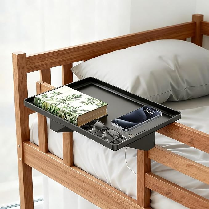 KUK Bedside Shelf for Dorm Room, Stable ABS Plastic Bunk Bed Table Shelf with Cord Hole for Top Bunk, College Dorm Room Essentials, Clip on Nightstand Tray Organizer for Bunk Loft Dorm Bed (Black)