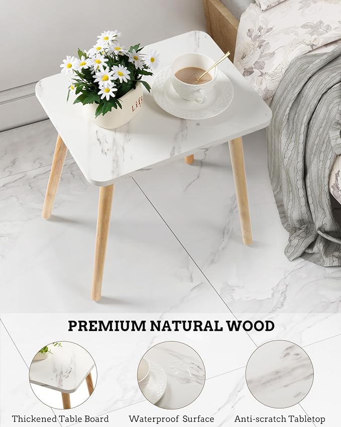 FORAOFUR Small Side Table, Set of 2 Modern Mini Coffee Table with Natural Wood Legs, Quick Assembly End Furniture for Bedroom Living Sofa, Minimalist Design for Nursery and Compact Homes, Marble