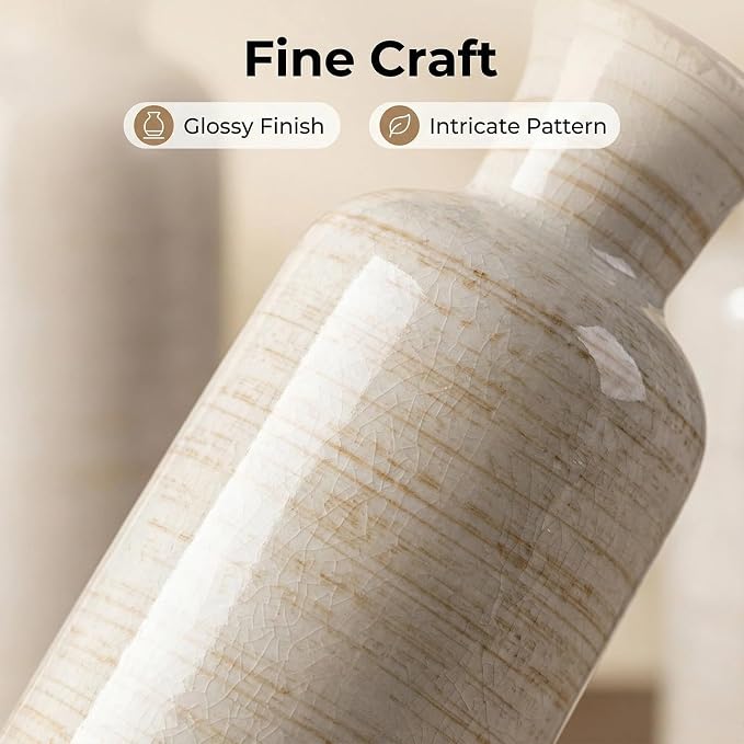 CwlwGO- Ceramic Rustic Vase 3 Piece Set,Small vase for Country Home Decoration,Modern Farmhouse Decor, Living Room Table Decoration, Bookcase, Fireplace and Entrance Decorations.(White)