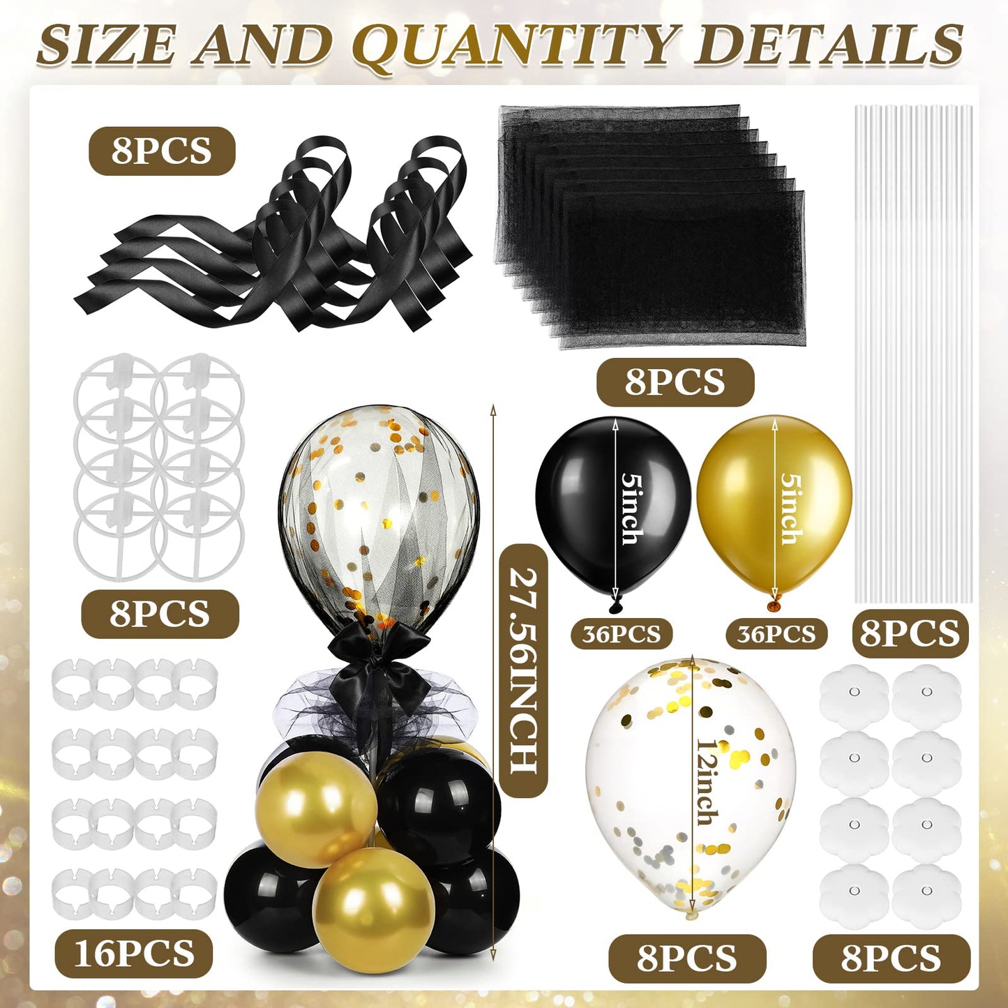 BBTO 8 Set Gold Black Table Centerpieces Balloons Stand Kit, Latex Balloons and Table Stand Holder with Base Tulle for Wedding Birthday Mother's Day Baby Shower Party
