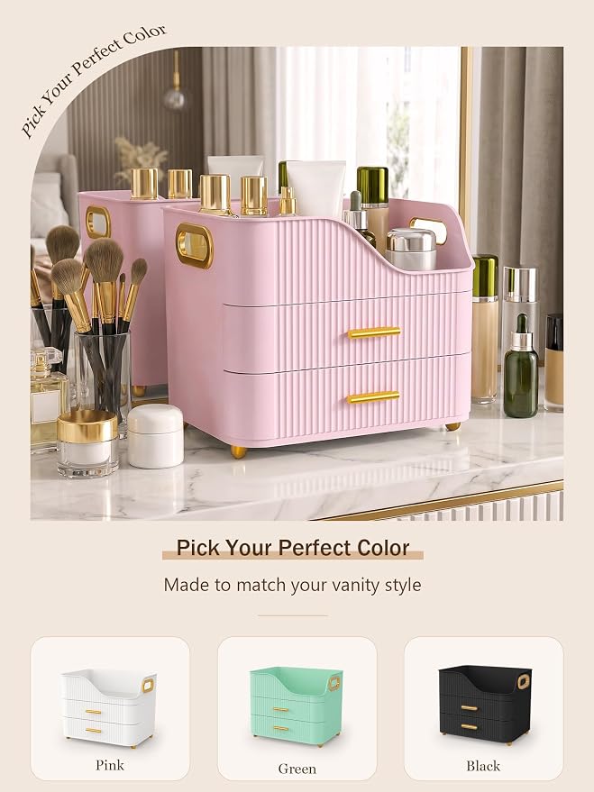 Booklov Countertop Makeup Organizer with Drawers, 3 Tier Large Cosmetic Storage Caddy for Vanity, Bathroom Counter, Dresser, Skincare Display Case for Lipsticks, Beauty Palettes, Teen Girl Gifts, Pink