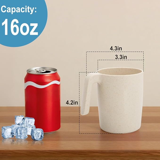 Coffee Mugs Set of 6, Wheat Straw Cups 16 oz, Resuable Plastic Coffee Cups With Handle, Unbreakable & Stackable Kitchen Cup, Microwave safe Drinking Glasses for Tea, Juice and Water - Beige