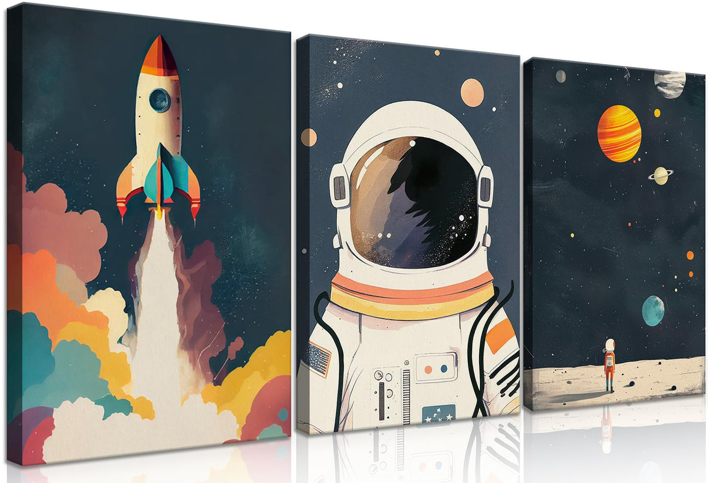 3Pcs Astronaut Wall art Nursery Space Adventure Posters Prints Rocketship Wall Decor Explore Dream Galaxy Canvas Prints Funny Planet Painting for Boys Girls Kids Bedroom Living Framed