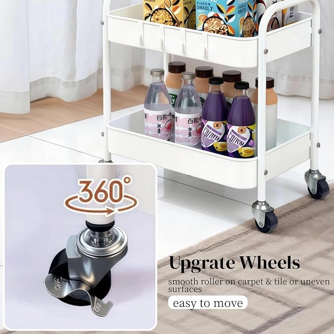 Under Desk Storage Cart 2 Tier Utility Rolling Cart with Wheels, Small Metal Mobile Trolley with Handle Two Tiered Utility Organizer Roller for Kitchen Office Bathroom Pantry Room, White