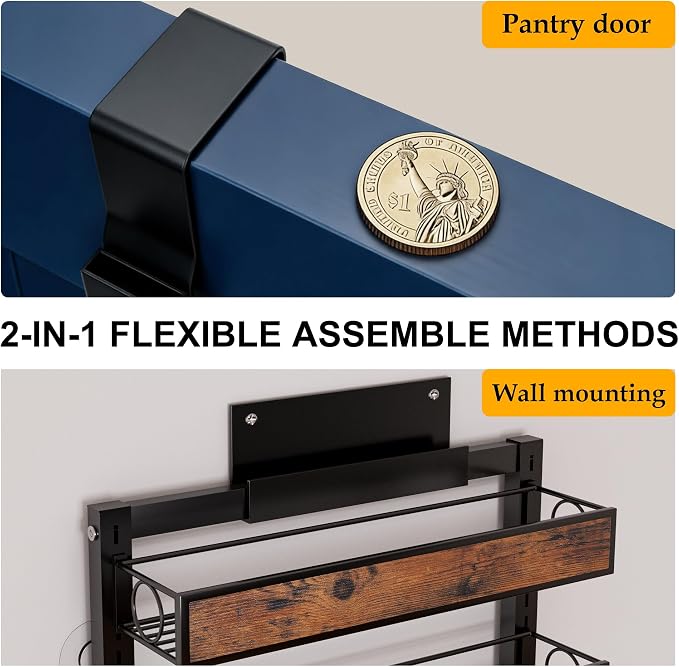 8 Tier Over The Door Pantry Orangizer 2 IN 1 Wall Mounted or Hanging Spice Rack with Adjustable Wood Basket,Heavy Duty Seasoning Storage Shelf for Kitchen Pantry and Bathroom