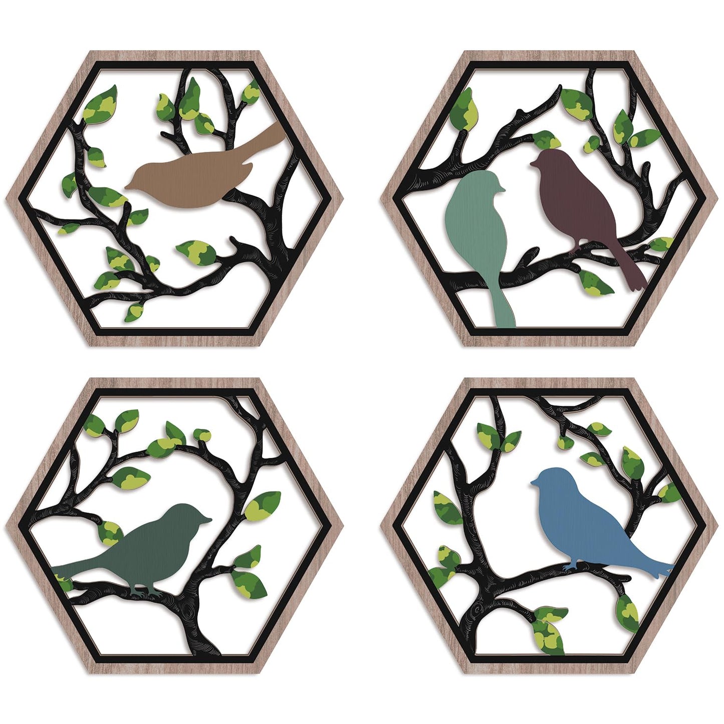 CHDITB 4Pcs Wooden Bird on Birch Tree Branch Wall Art, Boho Modern Green Leaves Silhouette Bird Laser Cut Artwork, Rustic Farmhouse Nature Wall Hanging Decoration for Living Room Bedroom(11"x 10")
