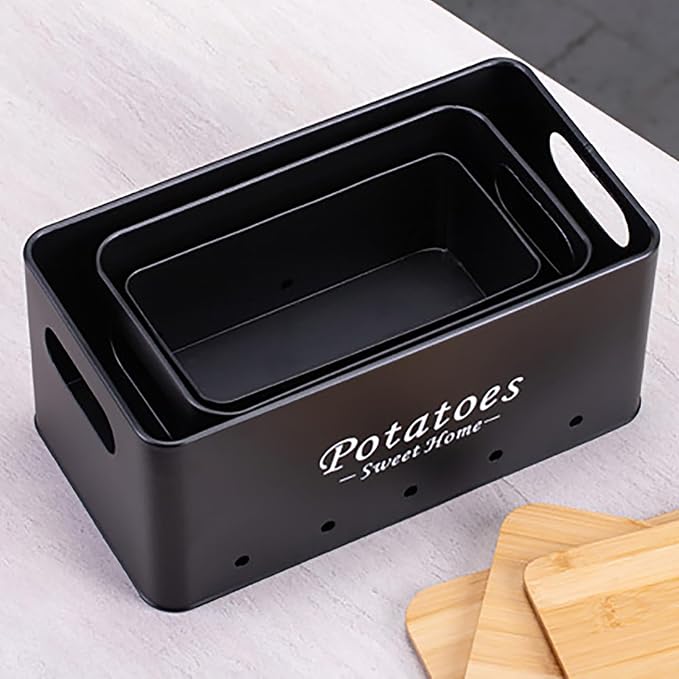 Simcat Kitchen Vegetable Storage Tins Set of 3, Potato Onion Garlic Kitchen Storage Canisters, Vegetable bin Keeper Containers with Aerating Holes and Wooden Lid (White)
