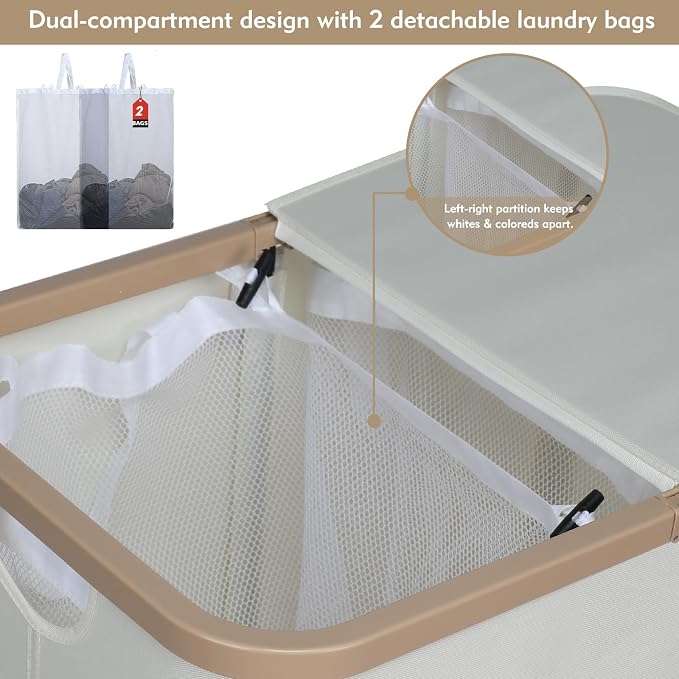 DOKEHOM 160L Extra Large Laundry Hamper with Lid, 2-Section Double Laundry Basket with Removable Mesh Liner Bags, Collapsible Clothes Sorter for Family, Bedroom, Laundry Room, Beige