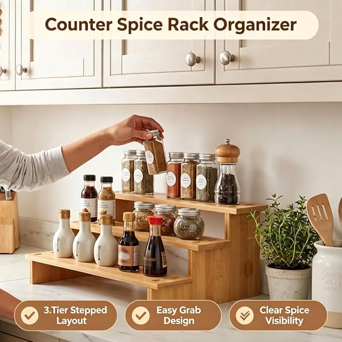 JinDoWin 3 Tiered Spice Rack Organizer for Cabinet,Spice Organization for Cabinet,Seasoning Organizer,Spice Shelf and Spice Organizer for Cabinet,Pantry Organizers and Storage (1 Pack, Medium)