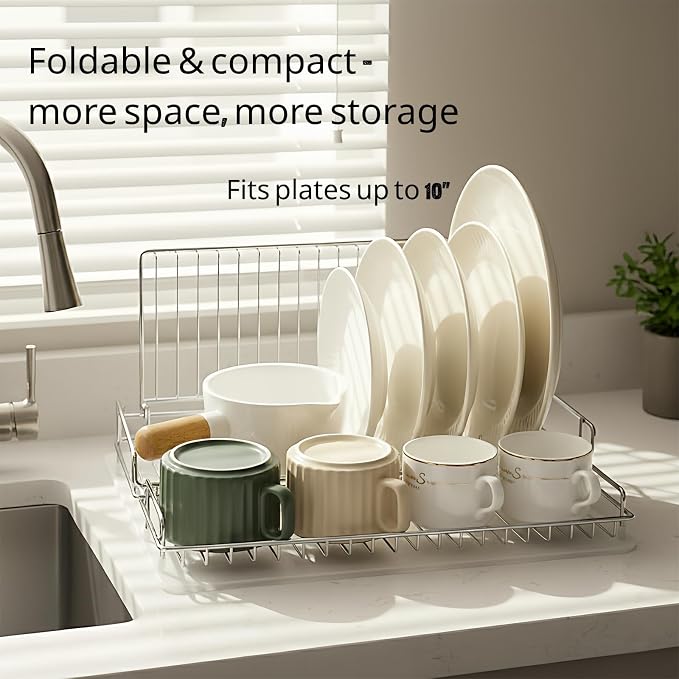 Foldable Dish Drying Rack, Small Dish Drying Racks, Collapsible Dish Drying Rack for Kitchen Counter - Compact Design, Stainless Steel, Silver