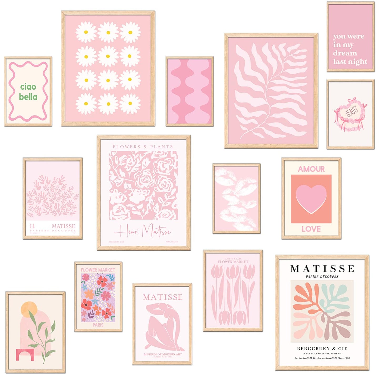 TRAMIN 15 Pcs Pink Wall Decor Aesthetic Pictures, Abstract Danish Pastel Prins, Matisse Wall Art Pink Posters for Room Aesthetic, Light Pink Dorm Wall Decor for College Girls Bedroom (8x10 Unframed)