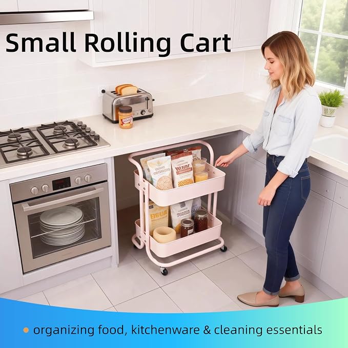 2 Tier Short Rolling Cart with Wheels All-Metal Pink Pantry Storage for Kitchen,Under Desk Trolley with Handle Small Wheeled Storage Cart for Laundry Room Bathroom, Under Table Small Space