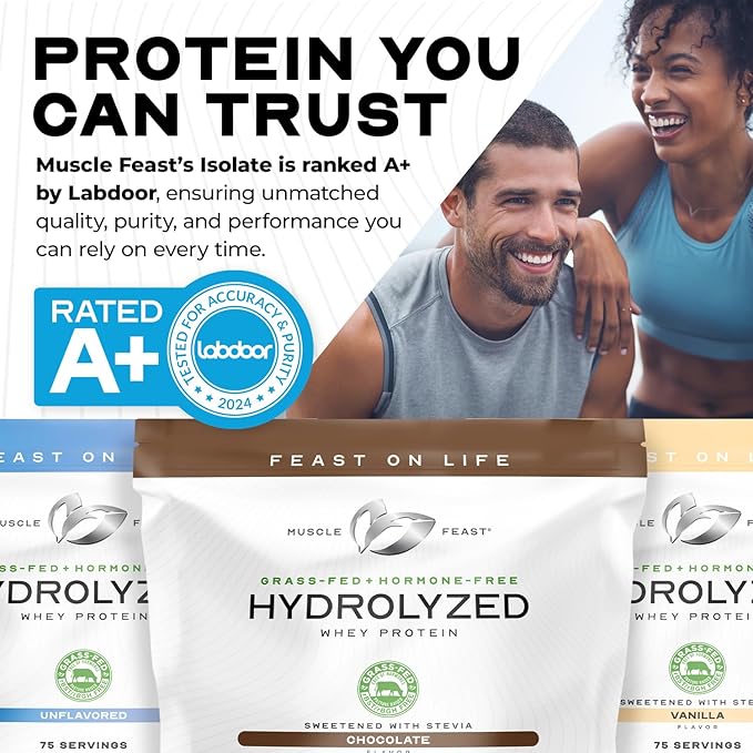 Muscle Feast Hydrolyzed Whey Protein Powder, Grass Fed and All Natural Hormone-Free, Hydro Whey Powder for Men and Women, Gluten Free, Non-GMO, Delicious Hydrolyzed Protein Powder, Unflavored, 5lb