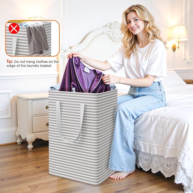 3 Pack Large Laundry Basket,Waterproof & Freestanding Laundry Hamper,Collapsible Clothes Hampers with Easy Carry Long & Reinforced Handles in Bathroom,College Dorm(100Lx3,Gray)