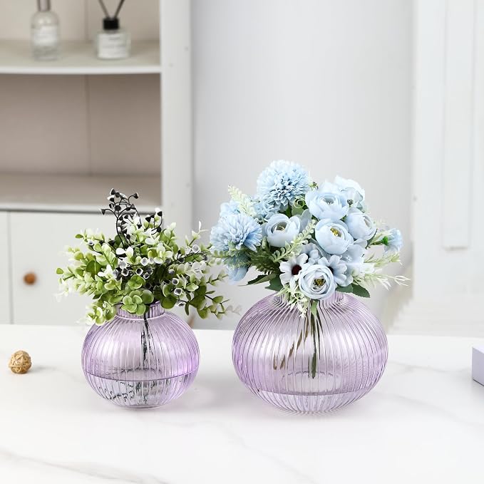 Purple Glass Vases for Tulips, Set of 2, Flower Vases for Bouquet, Ribbed Glass Vase for Flowers, Short Vase for Living Room, Office, Coffee Table, Shelf, Wedding
