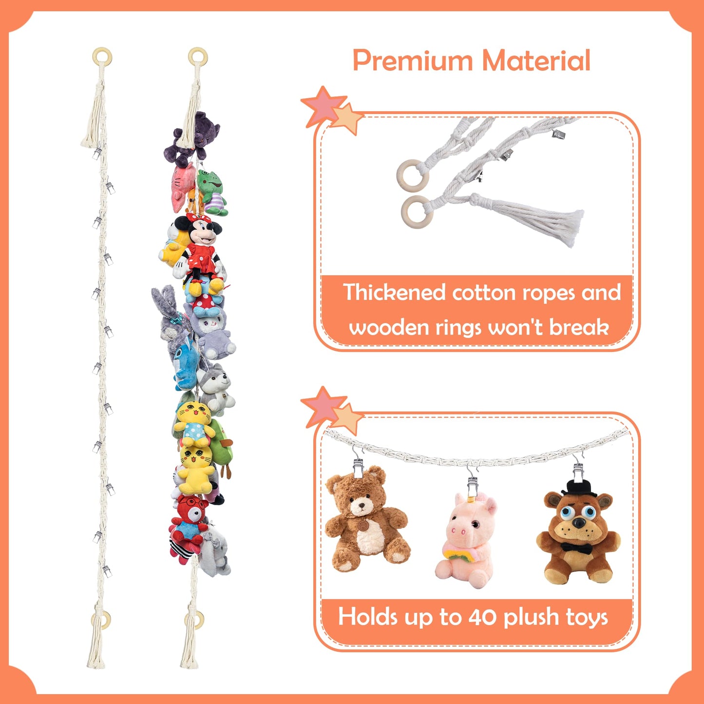 LONCHDAN 80" 2 Pack Cotton Hanging Storage Chain for Stuffed Animals Storage with 40 Metal Clips Stuffed Animal Organizer Chain for Wall Corner Nursery Play Room
