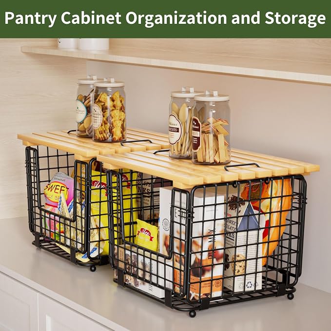 Wire Storage Basket for Kitchen Pantry: GGIU Stackable Kitchen Counter Organizers - Wire Organizing Bin for Produce Fruit Vegetable Potato and Onion Black