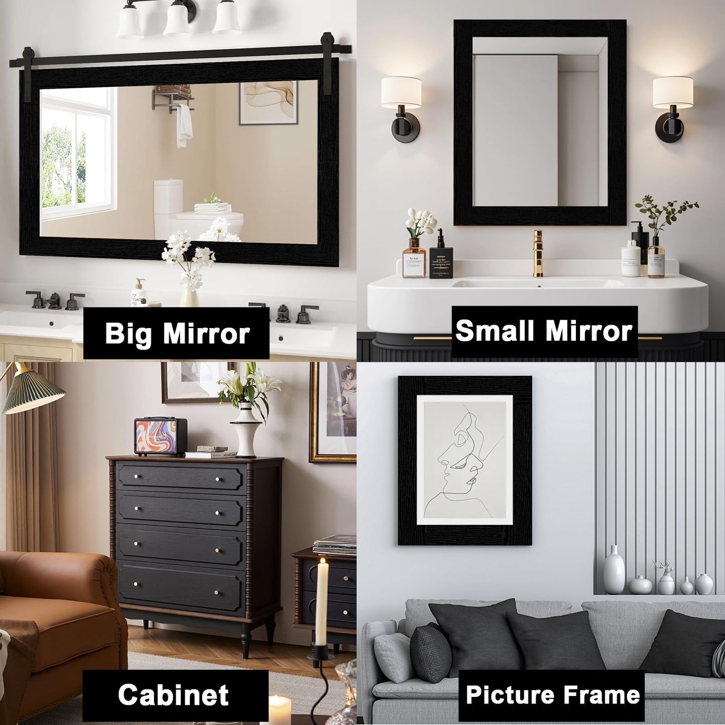 Alened 10M Black Wood Grain Mirror Frame Border Peel and Stick Wallpaper, Removable PVC Waterproof Bathroom Mirror Tape Sticker Trim, Kitchen Wallpaper Self Adhesive Decor Sticker 2" x 393"