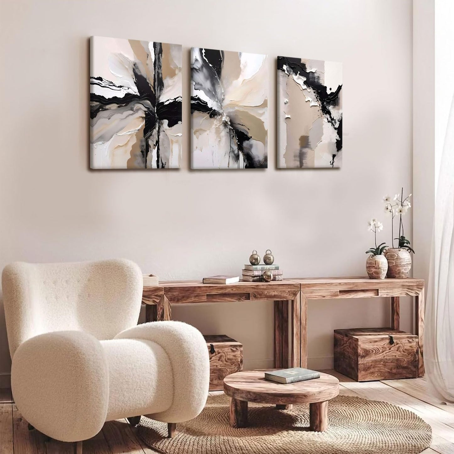 NCCXNCC 3 Pcs Abstract Canvas Wall Art in Black and Beige Modern Wall Decor Paintings Texture Posters Print Modern Geometric Pictures Artwork Suitable for Living Room Bedroom Home Office 12x16 inch
