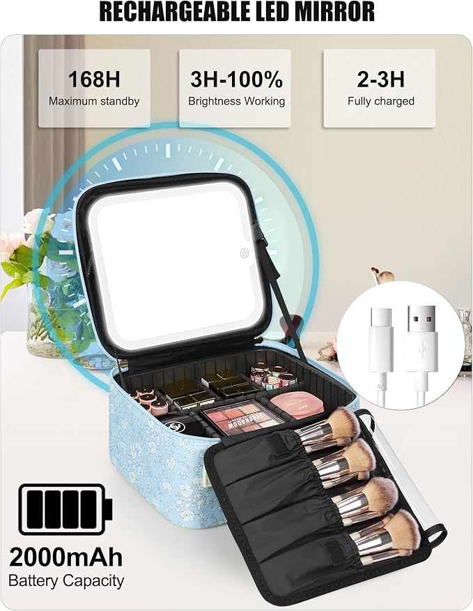 Relavel Travel Makeup Bag With LED Mirror for Women, Cosmetic Organizer Bag with Adjustable Brightness in 3 Color Scenarios, Detachable Dividers, Waterproof Train Case for Daily - White Flower