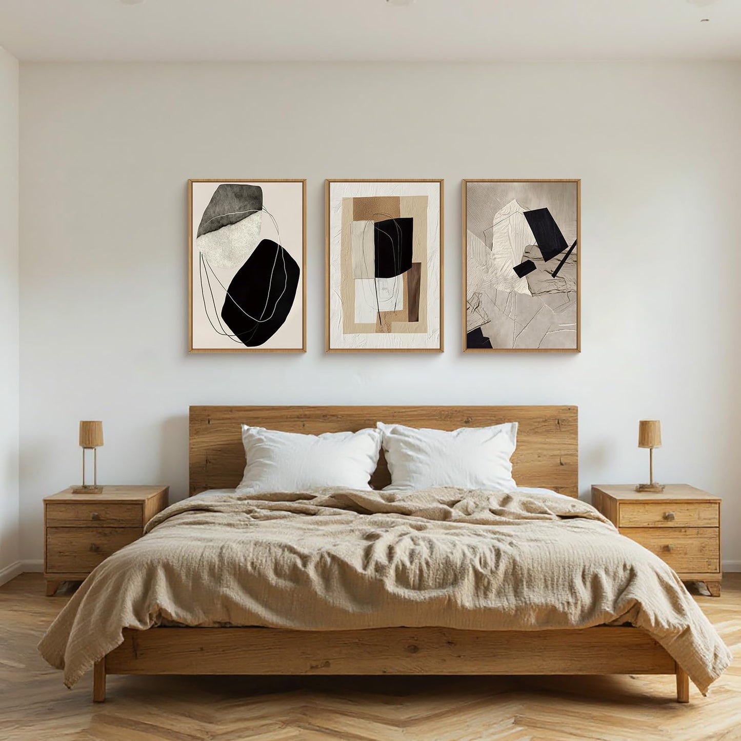 DRACIT Abstract Modern Geometric Framed Canvas Wall Art Set,Neutral Tone Beige Black Brown Wall Decor,Minimalist Textured Line Shape Artwork for Living Room, Bedroom,Farmhouse-24 x36 x3