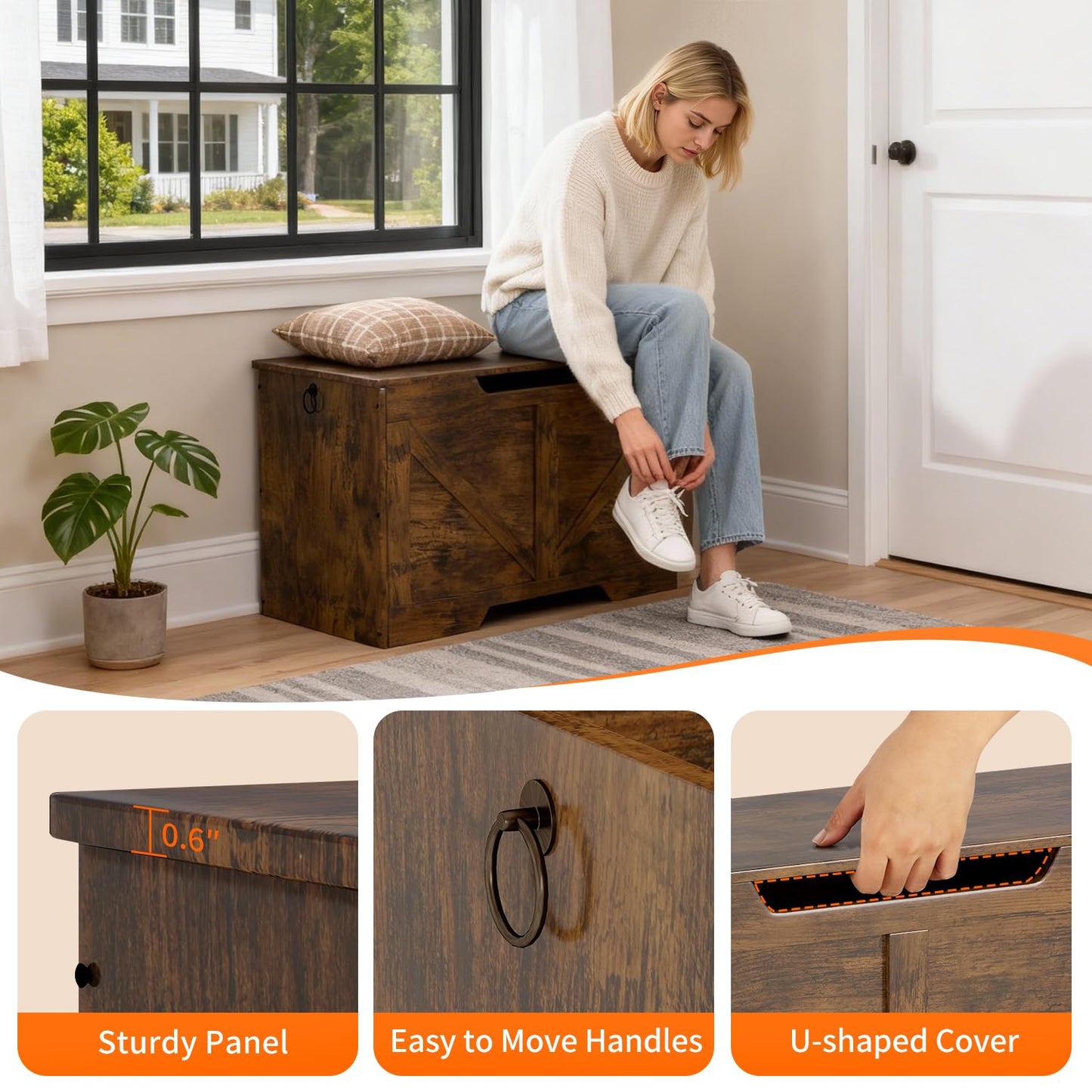 FDW 29.5 Inches Storage Bench, Retro Wooden Storage Benches with Safety Hinge, Entryway Storage Bench Supports 300 lb, Toy Chest Organizer, Easy Assembly for Entryway, Living Room, Brown