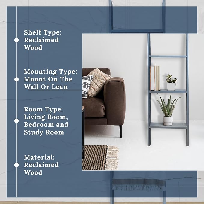 BARNWOODUSA Throw Blanket Ladder – Fully Assembled Reclaimed Wood – Rustic Decorative Ladder for Towels, Quilts, & More – Perfect Decor for Bathroom, Porch, or Living Room,3-foot Slate Blue