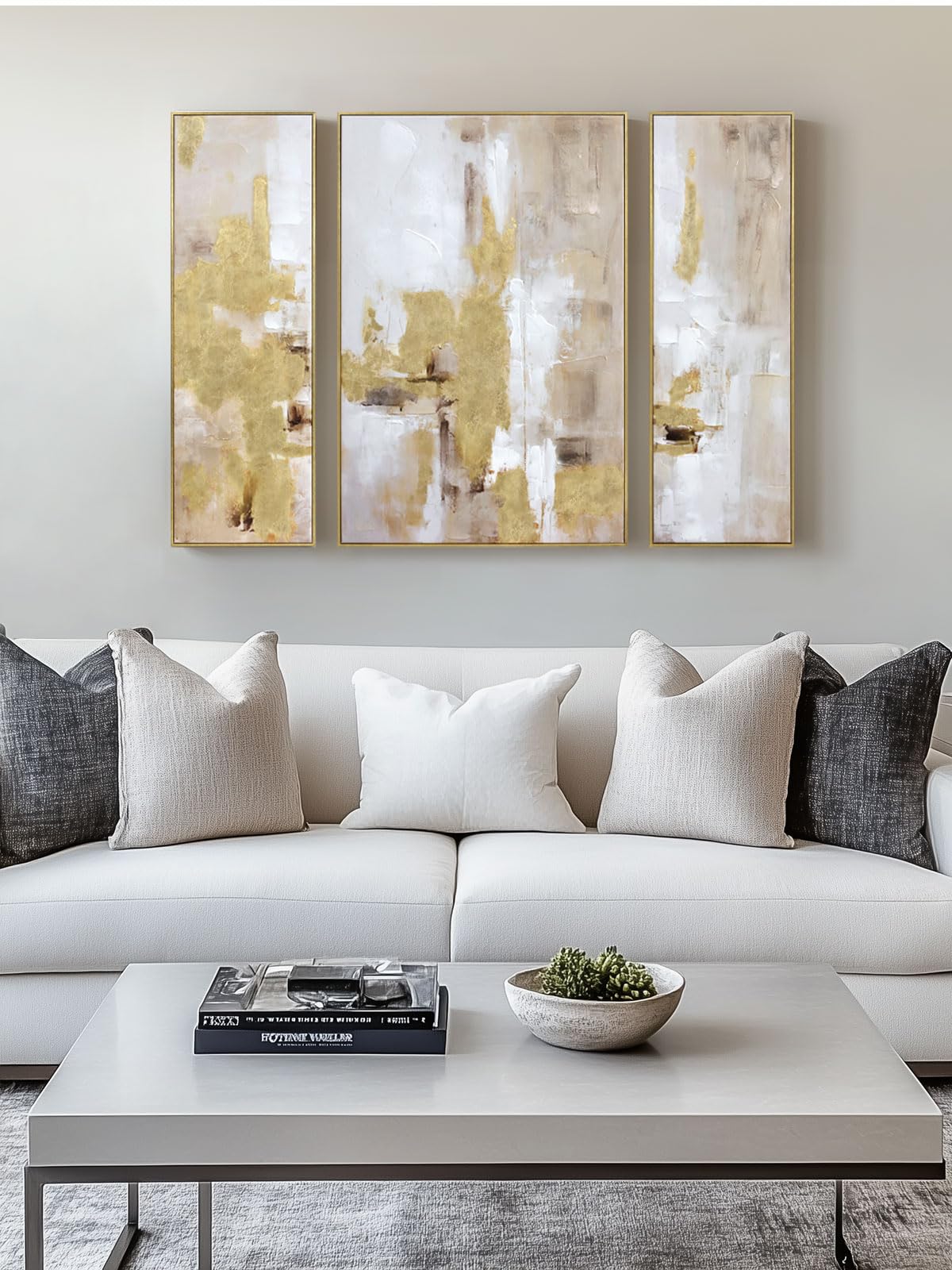 3 Piece Abstract Wall Art for Living Room – Gold and Beige Modern Textured Canvas Prints with Hand-Applied Brush Strokes, Large Wall Decor for Bedroom, Office, or Dining Room, 2 Piece 12 x 36 and 1 Piece 24 x 36 Inches