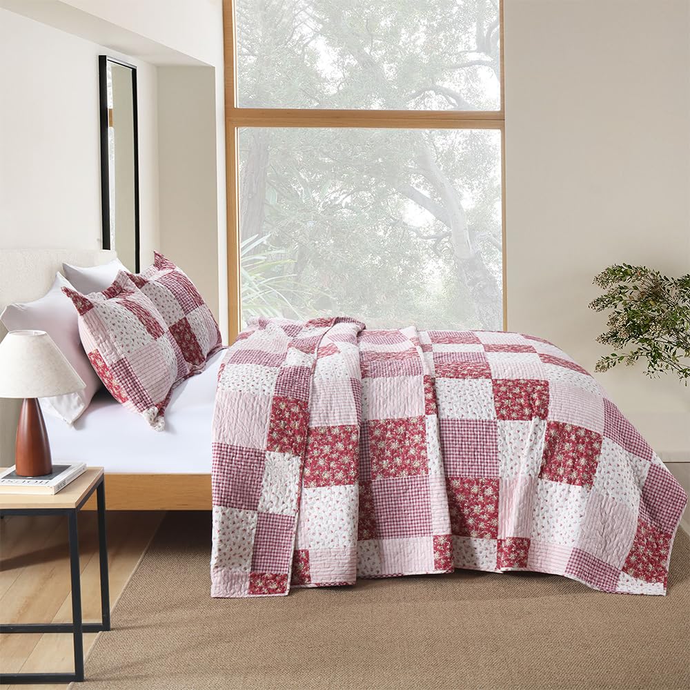 ENASAL Cotton Bedspread Quilt Bedding Sets Reversible Coverlet Sets Comforters Plaid Floral Red White Patchwork Pattern Bedspread for All Season, Queen Size