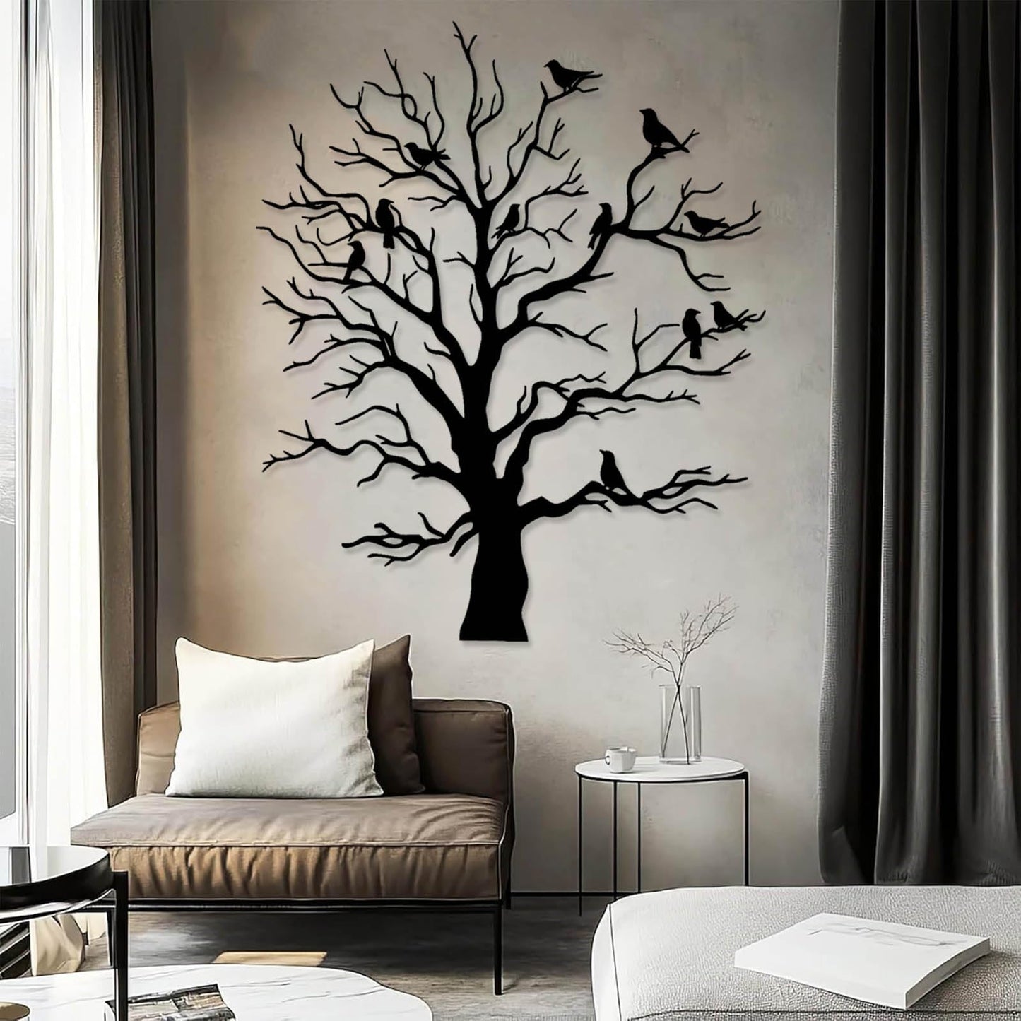 Jogwenu Metal Birds and Branches Wall Decor, Large Tree of Life Metal Wall Art, Bird Wall Decor, Tree Branch Wall Art, Nature Wall Sculpture, Living Room Outdoor Hanging (Black, 24" x 19"/60 x 49cm)