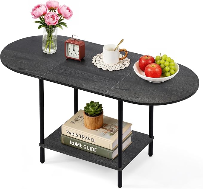 Small Coffee Table,35.4'' Oval Coffee Table with Storage Shelf & Metal Frame,Low Cocktail Tea Accent Table for Apartment,Modern Mid Century Small Living Room Table,Dark Gray
