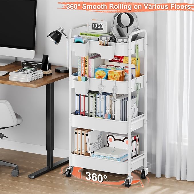 Heavy Duty 4 Tier Rolling Storage Cart Metal with Wheels, White Four Tiered Utility Roller Carts Organizer on Wheels for Art, Craft, Baby Diaper Caddy, Snack, Book, Large-Capacity Shelving Units, 37in