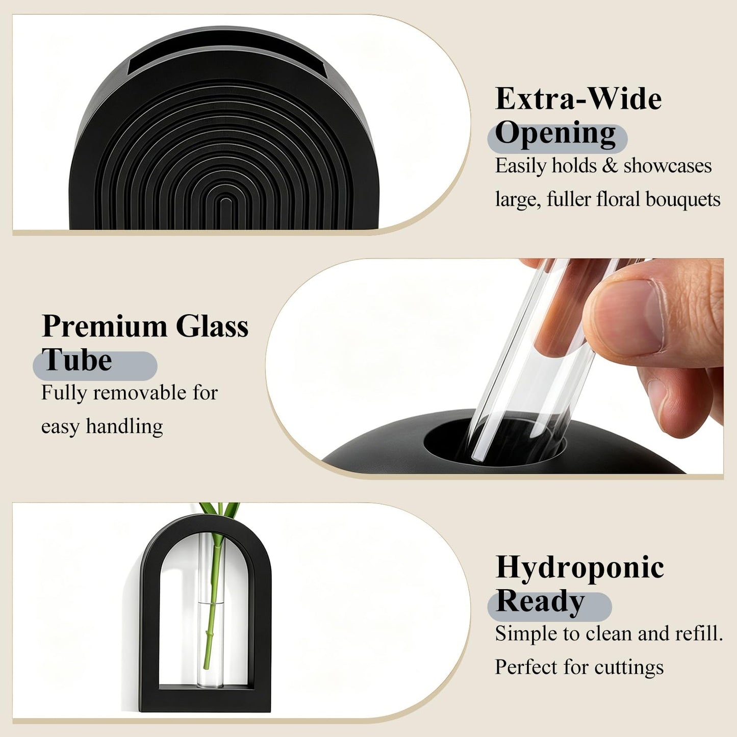 TBWIND Wooden Wall Vases Set of 3, Modern Farmhouse Arch Propagation Station with Glass Planter Tubes, Boho Fluted Hanging Decor for Entryway, Living Room & Narrow Spaces Black