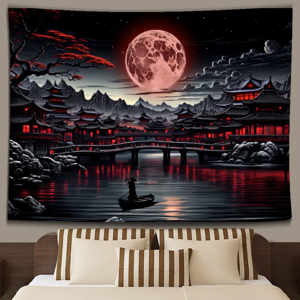 Ine Ive Japanese Landscape Tapestry Cool Red and Black Aesthetic Full Moon Mountain Riverside Wall Tapestries for Men 80x60inch Dark Nature Asian Japan Anime Art Poster for Bedroom Office Dorm Decor