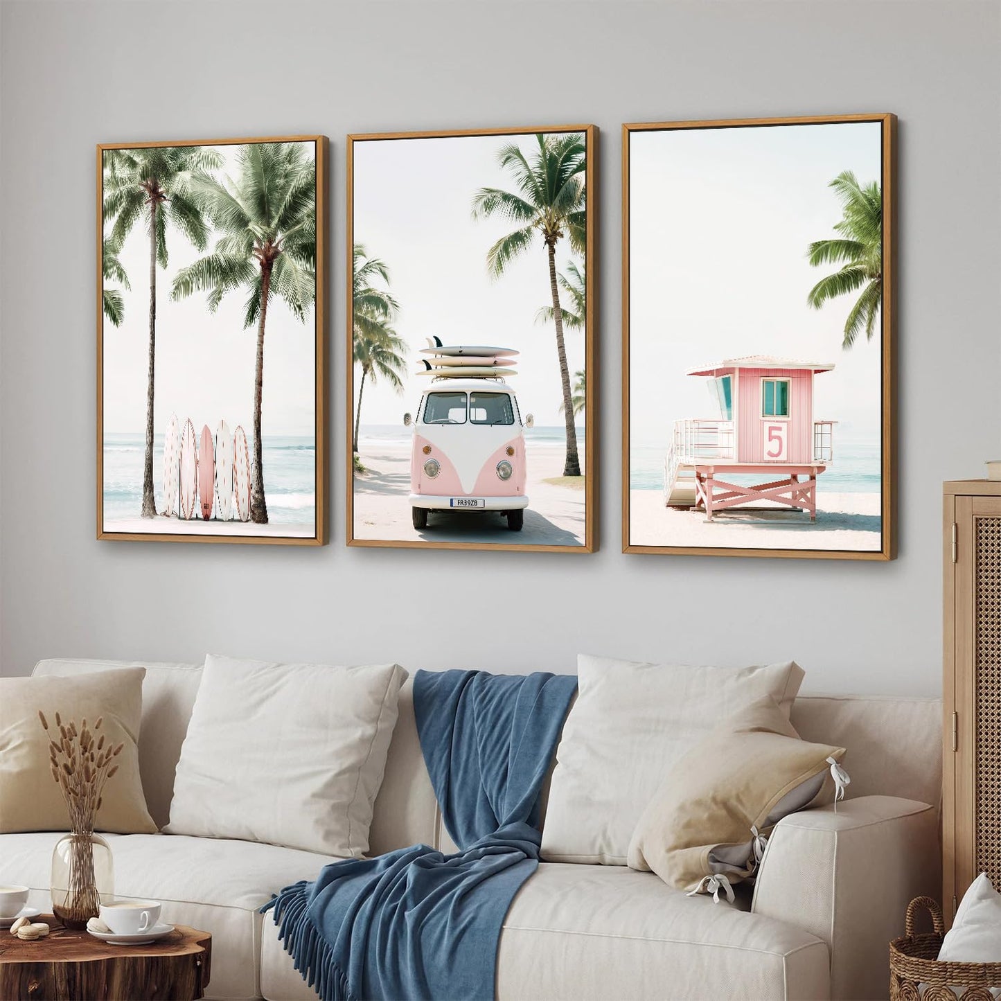 KYLESONLIE Tropical Beach Themed Framed Canvas Wall Art, Pastel Girly Surfboard Wall Decor, Relaxing Hawaii Palm Tree Posters, Coastal Beachy Art Paintings for Girls Bedroom Living Room Dorm 16"x24"x3