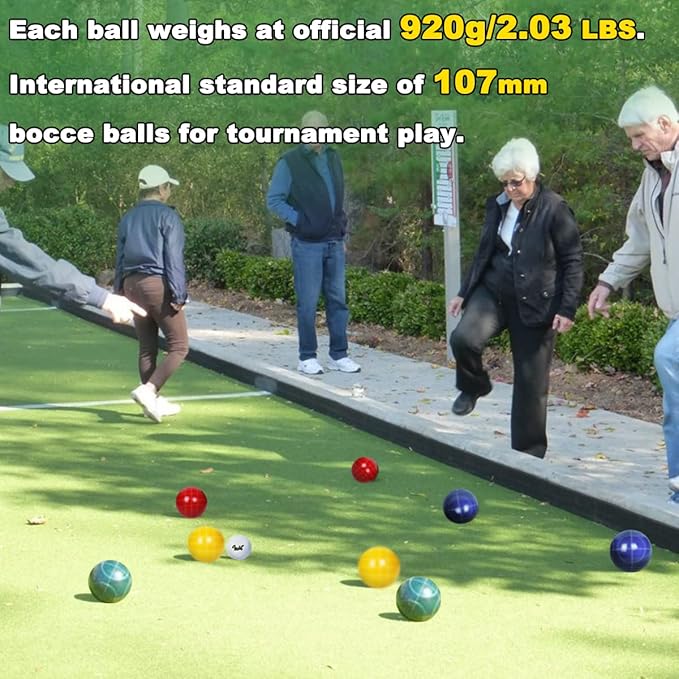 Bocce Ball Set Regulation Size and Weight for Professional Tournament, Backyard, Beach, Lawn Game with 8 Resin Bocci Balls, Pallino, Measuring Rope, Carrying Bag