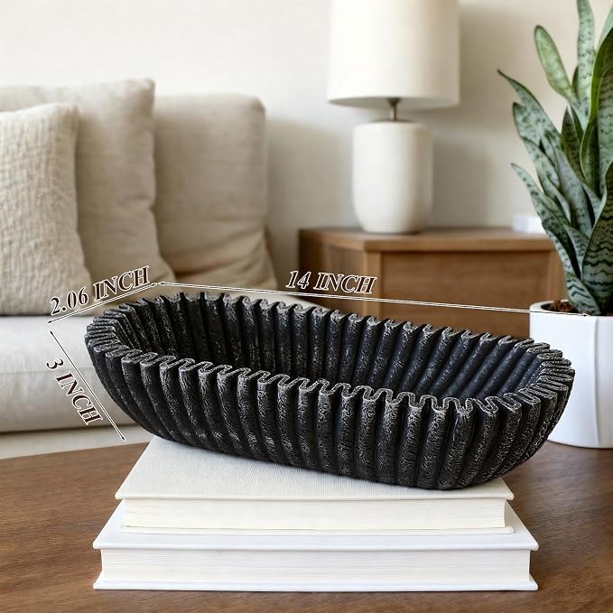 Large Decorative Bowl for Home Decor Long Dough Bowls Coffee Table Decor Centerpiece Black Ruffle Scalloped Resin Modern Handicraft Bowl for Kitchen Counter Farmhouse Entryway Stylish Key Storage