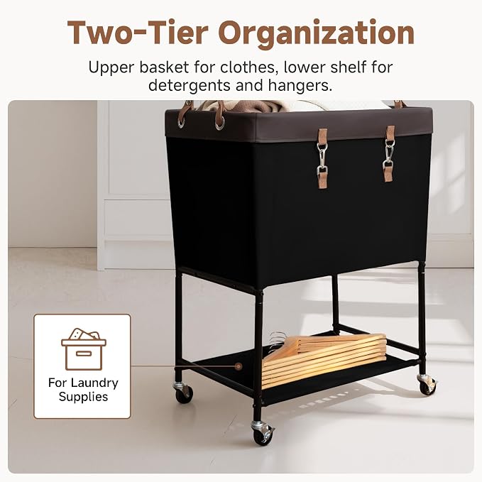StorageWorks Laundry Cart, 2 Tier Rolling Laundry Basket, Heavy Duty Laundry Basket with Lockable Wheels, Laundry Room Organization and Storage, Clothes Hamper for Bedroom, Dorm, Closet, 29Gal, Black