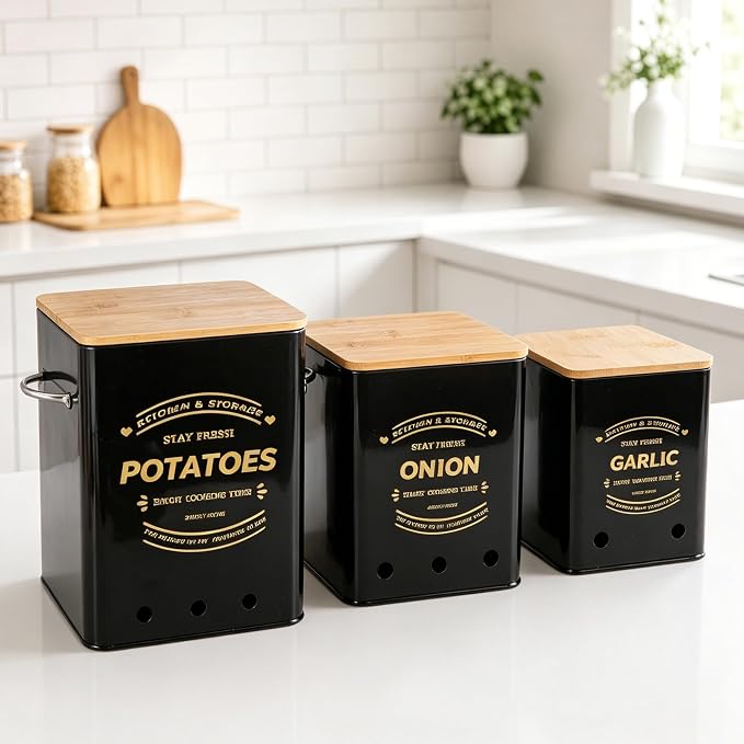 Potato Onion and Garlic Storage Bin Set of 3, Metal Kitchen Vegetable Canisters with Bamboo Lid and Aerating Holes, Stackable Kitchen Storage Tin for Countertop Pantry