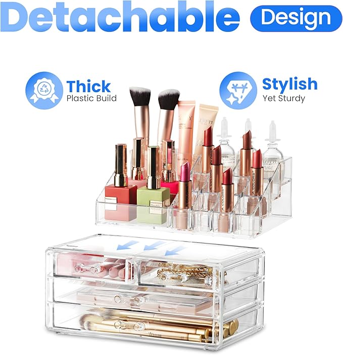 Masirs Clear Makeup Organizer - 16-Compartment Cosmetic and Jewelry Holder with 4 Drawers - Vanity Storage Box for Makeup, Skincare, Accessories, and Jewelry Display