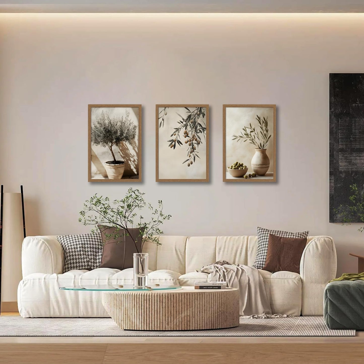 3Pcs Wooden Framed Tree Botanical Canvas Wall Art Mediterranean Olive Branch Painting Prints Poster, Rustic Farmhouse Neutral Picture Decor for Living Room Bedroom Kitchen Dining Room 12x16in