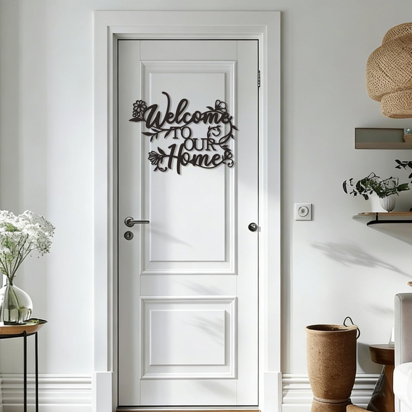 Zzbakress Welcome Sign - Outdoor Metal Wall Decor, Welcome To Our Home Sign Entryway Wall Decor, Text And Flowers Black Metal Wall Art For Living Room, Dining Room, Porch, Entry (Floral)