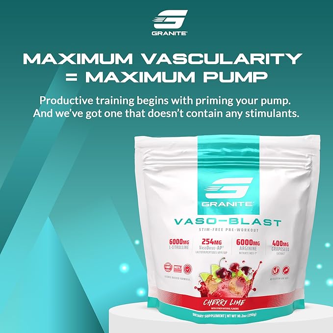 Granite Supplements Vaso Blast, Cherry Lime Flavor, Stimulant-Free Pre Workout for Men & Women with Grapeseed Extract, Arginine Nitrite, & VasoDrive-AP for Max Pump (20 Servings)