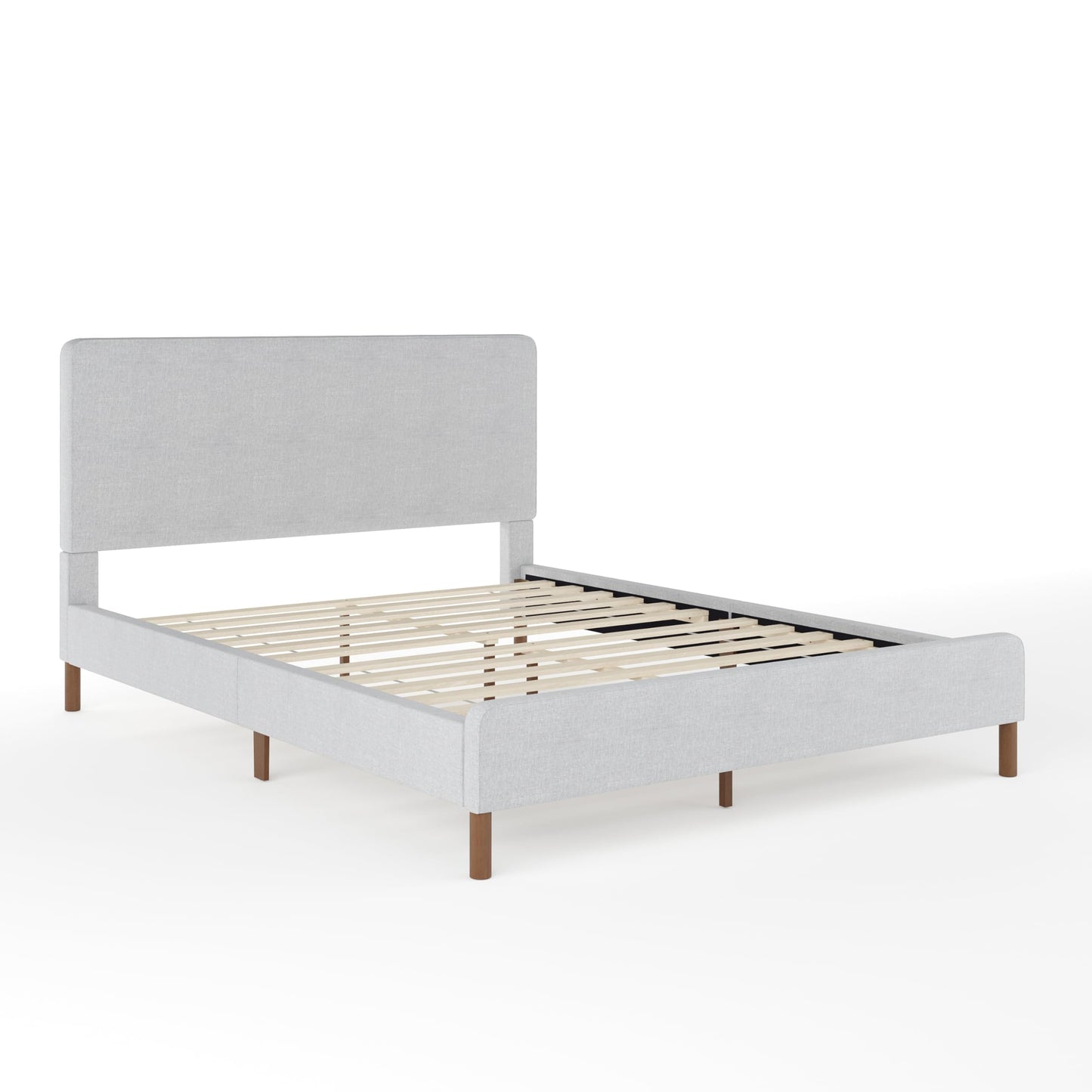 Martha Stewart Britta Platform Bed with Headboard & Footboard, Faux Linen Upholstery with Piping Detail, Rounded Headboard, No Box Spring Needed, Queen, Gray