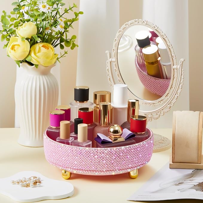 Honeydak 360 Rotating Perfume Organizer Gift for Women, Rhinestone Preppy Skincare Organizer Bathroom Counter Makeup Holder Skincare and Perfume Storage for Cosmetic(1 Tier,Pearl,Pink)