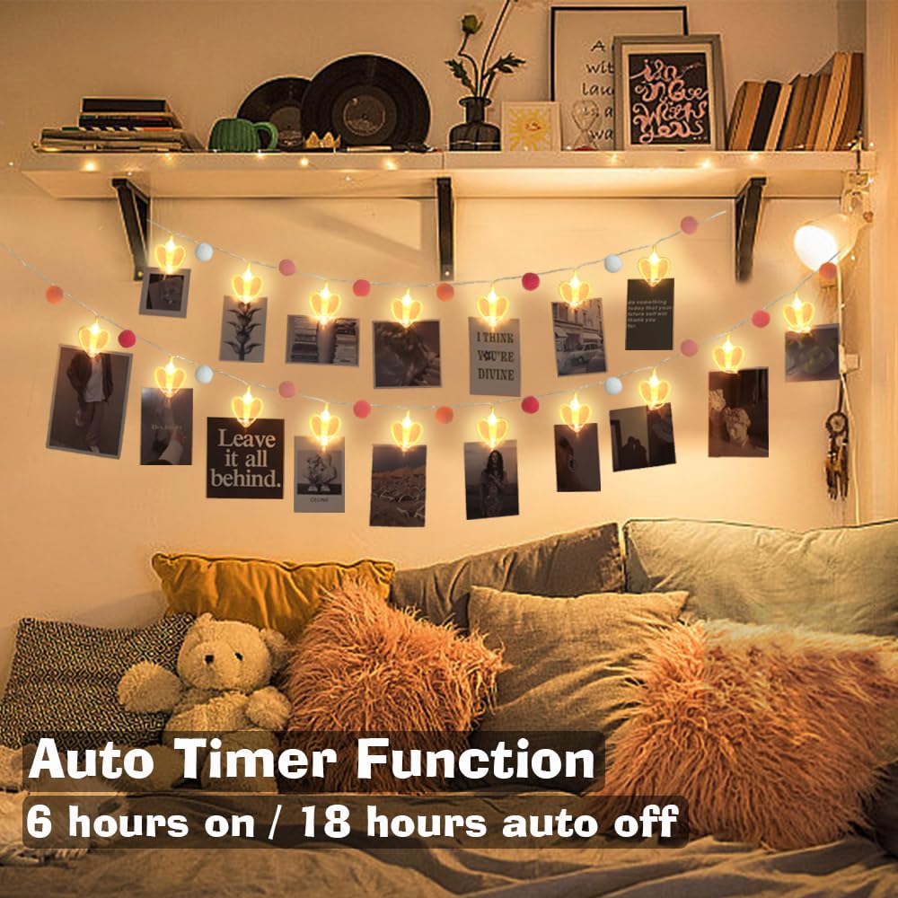9.85Ft Photo Clip String Lights with 20 Cute Pompoms 20 LED Clear Heart Clips Fairy Lights for Hanging Pictures Photo Lights with Timer Ideal Gifts for Dorm Bedroom Wall Party Wedding Home Decorations