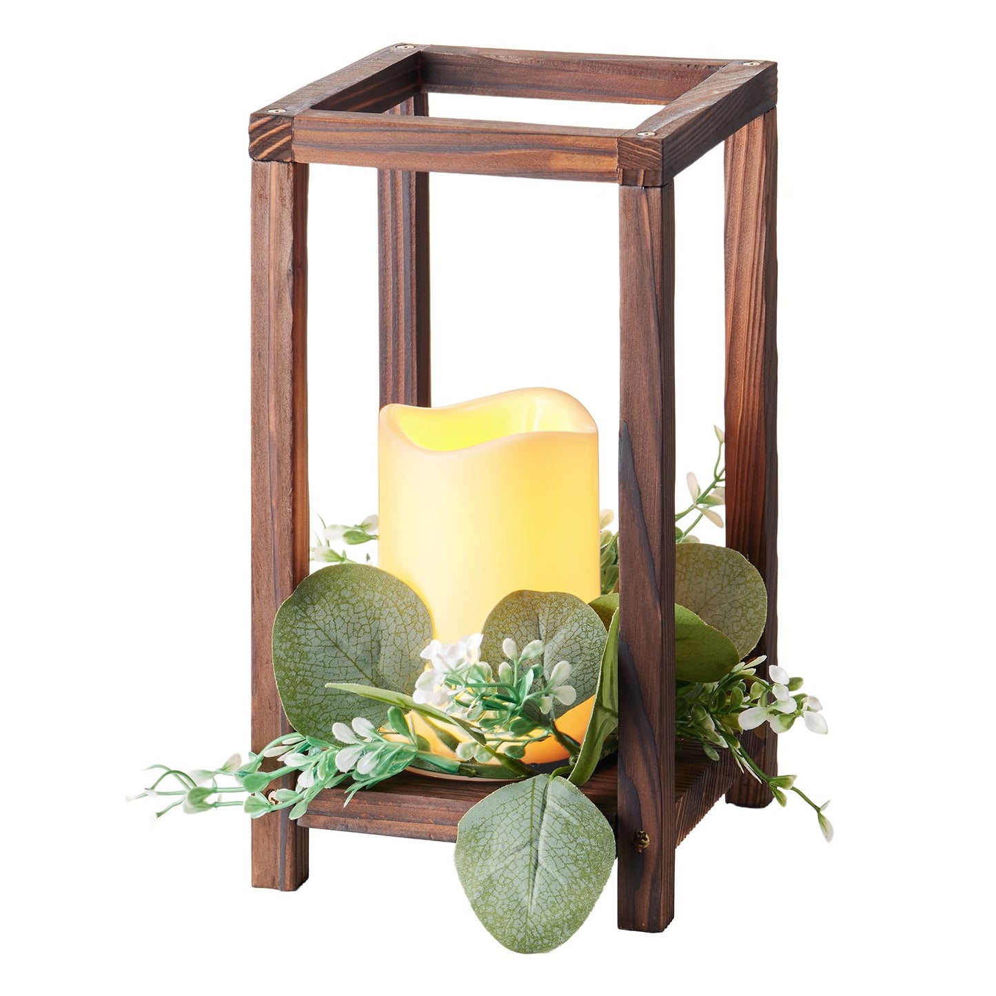 VEVOR 12 Set/36 Pcs Wooden Wedding Lantern Centerpiece, Includes 12 Wooden Lantern Candle Holder 12 Flameless LED Candle 12 Eucalyptus Leaves Wreath for Wedding Table Party Farmhouse Decor, Brown