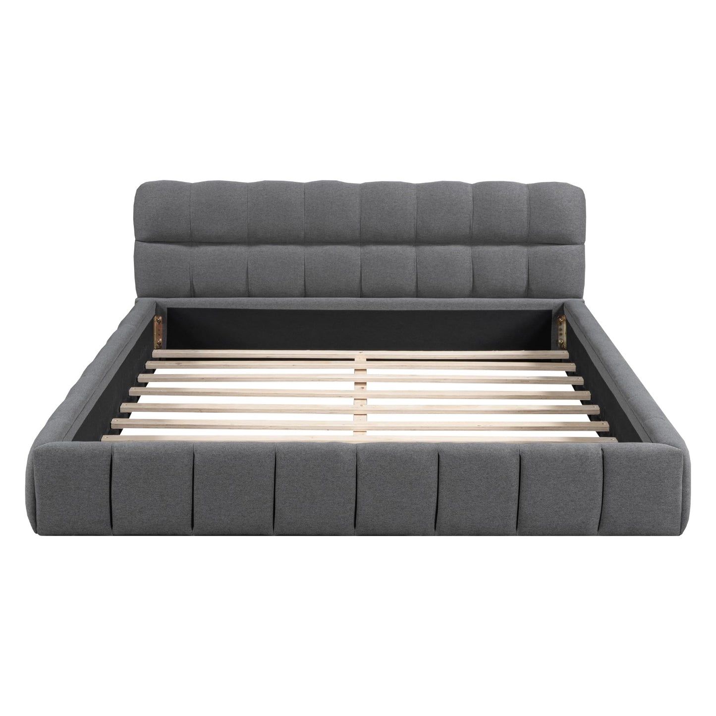 Merax Modern Tufted Plattform Bed Queen Linen Floor Bed Frame with Wingback No Box Spring Needed Gray